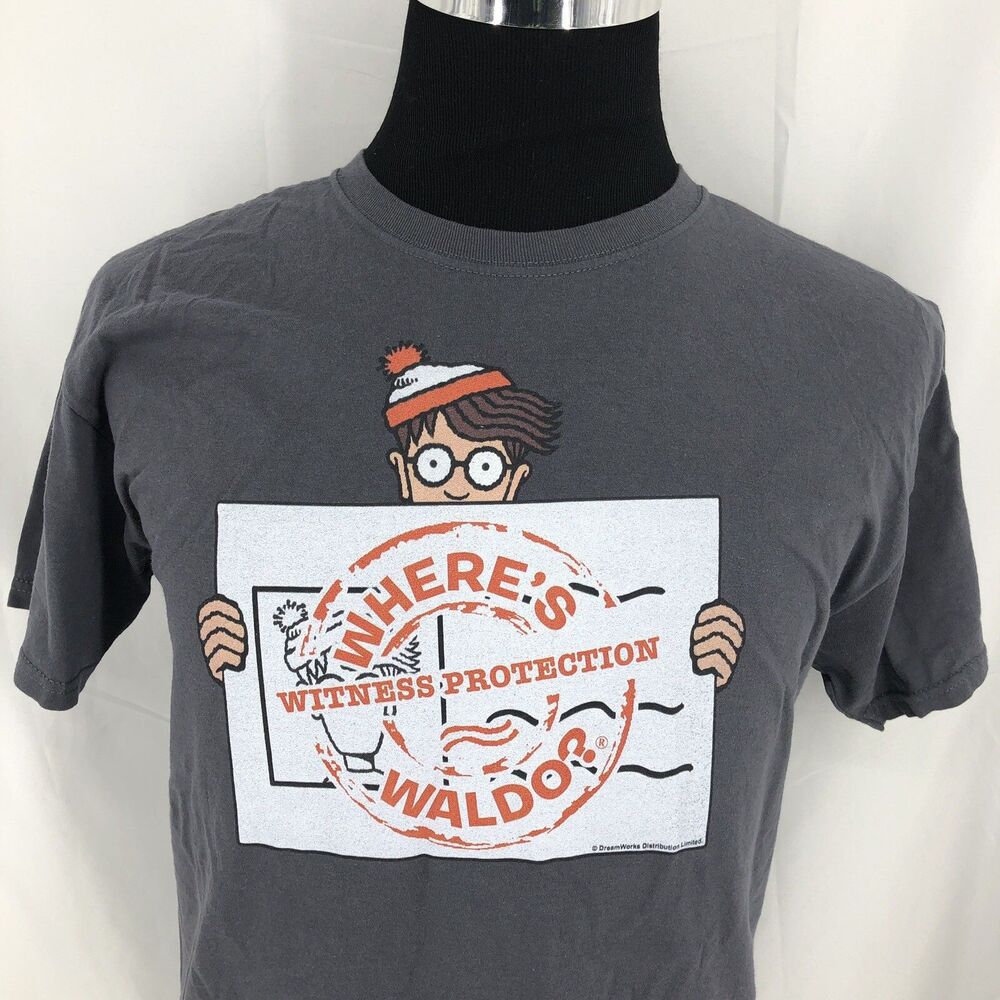 WHERE'S WALDO WITNESS PROTECTION Licensed Gray Short Sleeve Tee Shirt Medium